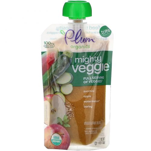 Plum Organics, Mighty Veggie, Tots, Zucchini, Apple, Watermelon, Barley, 6 Pouches, 4 oz (113 g) Each