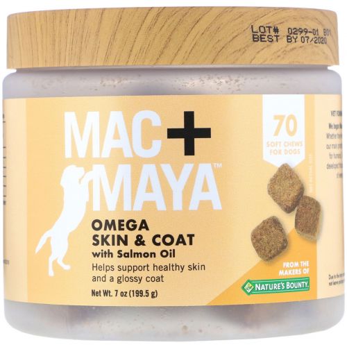 Nature's Bounty, Mac + Maya, омега для здоровья кожи и шерсти с лососевым жиром, для собак, 70 мягких жевательных таблеток