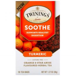 Twinings, Успокаивающий травяной чай, куркума, апельсин и анис звездчатый, без кофеина, 18 пакетиков по 1,27 унц. (36 г)