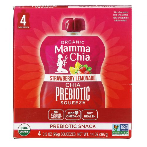 Mamma Chia, Organic Chia Prebiotic Squeeze, Strawberry Lemonade, 4 Pouches, 3.5 oz (99 g) Each