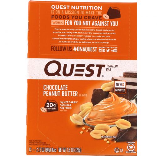 Quest Nutrition, Questbar Protein Bar, Chocolate Peanut Butter, 12 Bars, 2.1 oz (60 g) Each