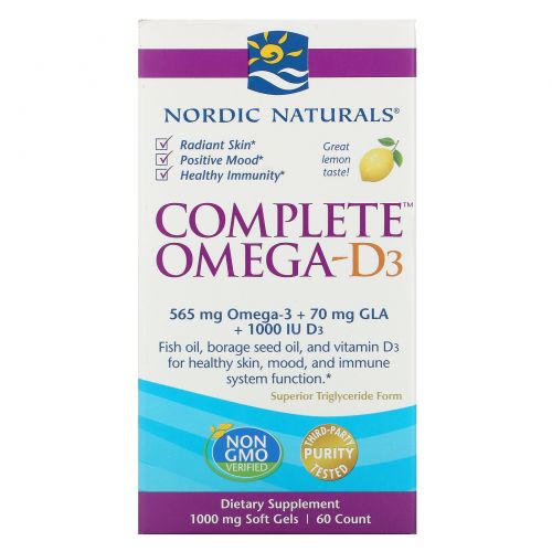 Nordic Naturals, Полный Омега-D3, лимон, 1000 мг, 60 капсул