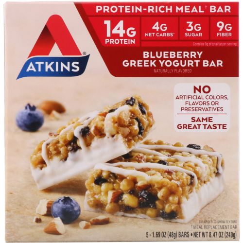 Atkins, Батончик с греческим йогуртом, черника, 5 батончиков, 1.7 унций (48 г) каждый