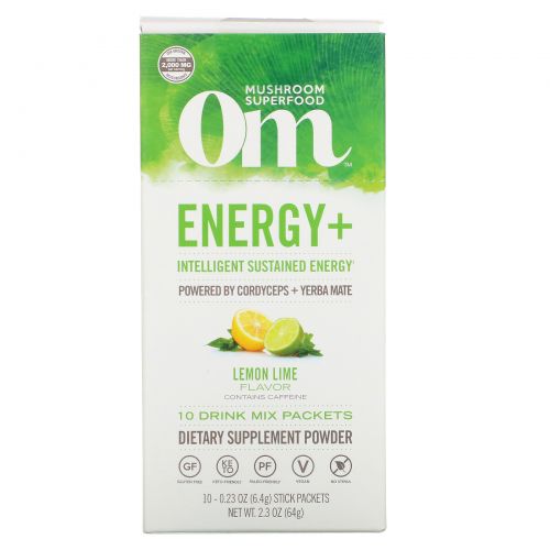 Organic Mushroom Nutrition, Энергия+, с кордицепсом и мате, лимонный лайм, 10 пакетиков по 0,22 унц. (6,4 г) каждый