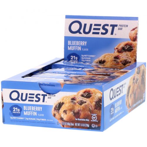 Quest Nutrition, QuestBar, Protein Bar, Blueberry Muffin, 12 Bars, 2.1 oz (60 g) Each