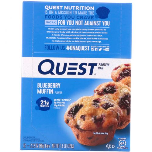 Quest Nutrition, QuestBar, Protein Bar, Blueberry Muffin, 12 Bars, 2.1 oz (60 g) Each