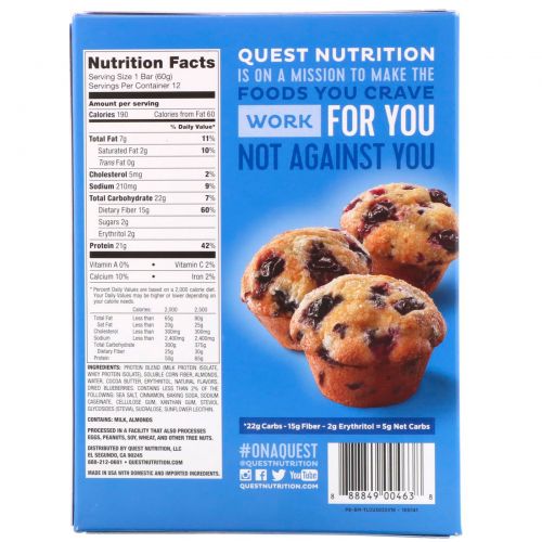 Quest Nutrition, QuestBar, Protein Bar, Blueberry Muffin, 12 Bars, 2.1 oz (60 g) Each