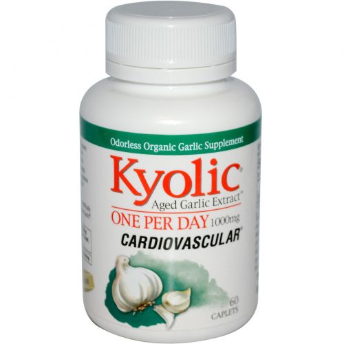 Wakunaga - Kyolic, Экстракт чеснока, 1 таблетка в день, поддержание сердечно-сосудистой системы, 1000 мг, 60 капсуловидных таблеток
