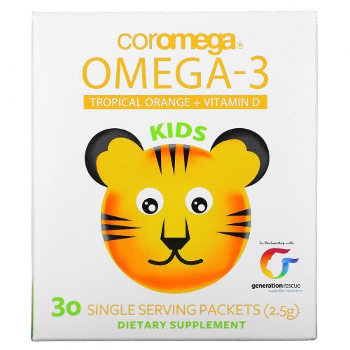 Coromega, Kids, омега-3, тропический апельсин + витамин D, 30 пакетиков (2,5 г)