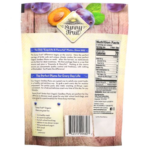 Sunny Fruit, Organic Dried Plums,  5 Portion Packs, 1.06 oz ( 30 g) Each