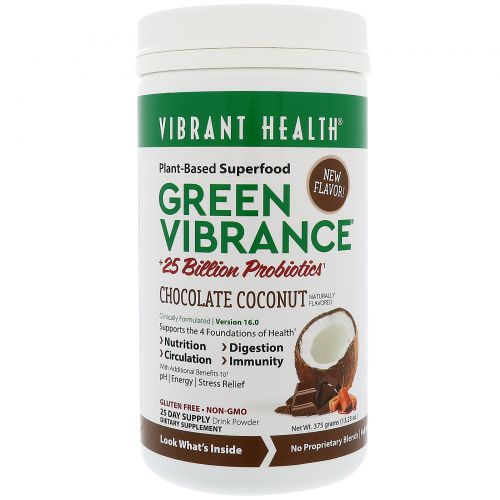 Vibrant Health, Green Vibrance +25 млрд пробиотиков, Версия 16.0, Шоколад и кокос, 13,23 унц. (375 г)