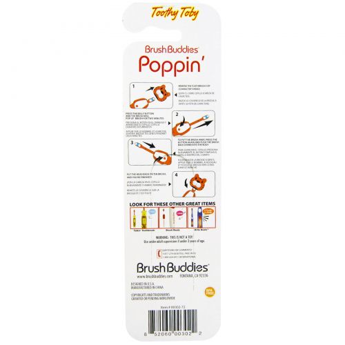 Brush Buddies, Poppin', зубастый тигр Тоби, мягкая, 1 зубная щетка