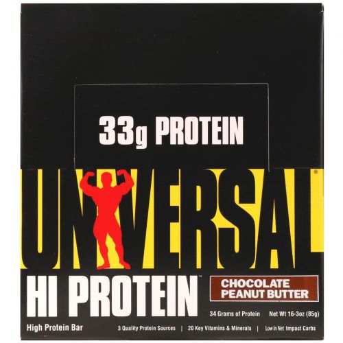 Universal Nutrition, Батончики с высоким содержанием белка, арахисовое масло с шоколадом, 16 батончиков, 3 унции (85 г) каждый