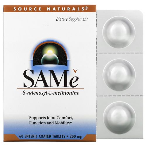 Source Naturals,  SAM-e (S-Adenosyl-L-Methionine), 200 мг, 60 кишечнорастворимых таблеток
