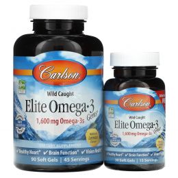 Carlson Labs, Рыбий жир Elite Omega-3 Gems со вкусом лимона, 1250 мг, 90 капсул + 30 капсул бесплатно