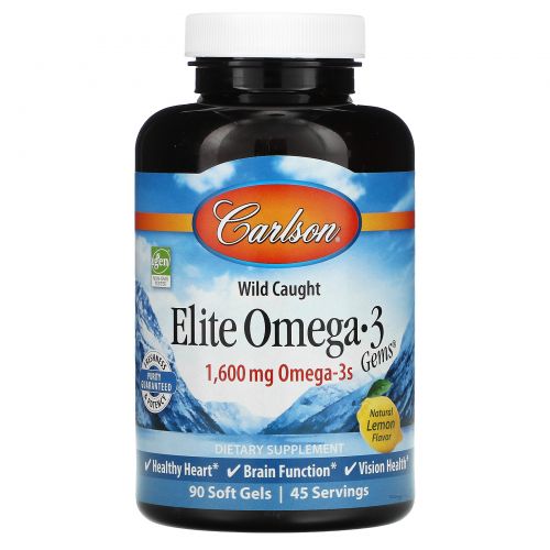 Carlson Labs, Рыбий жир Elite Omega-3 Gems со вкусом лимона, 1250 мг, 90 капсул + 30 капсул бесплатно