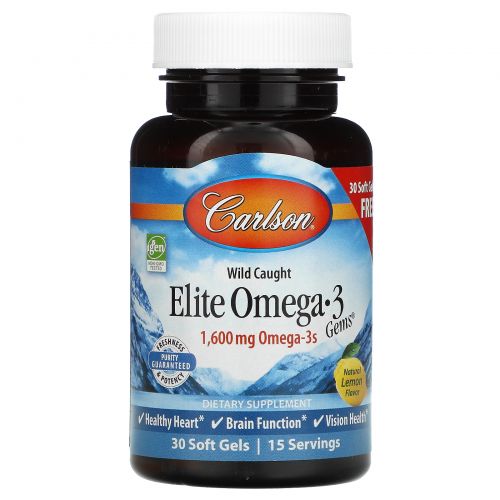 Carlson Labs, Рыбий жир Elite Omega-3 Gems со вкусом лимона, 1250 мг, 90 капсул + 30 капсул бесплатно