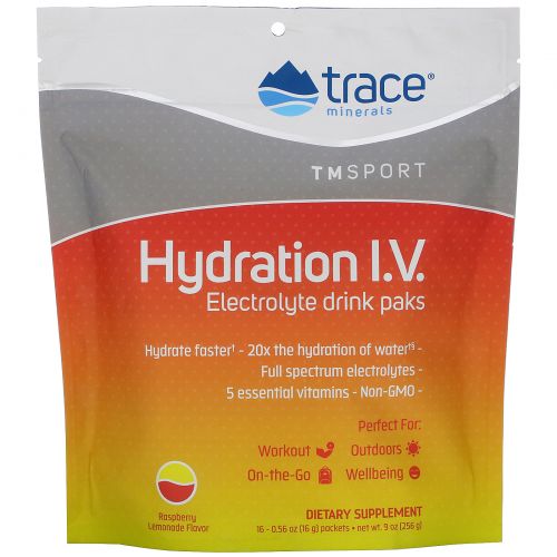 Trace Minerals Research, Hydration I.V., Electrolyte Drink Paks, Raspberry Lemonade Flavor, 16 Packets, 0.56 oz (16 g) Each