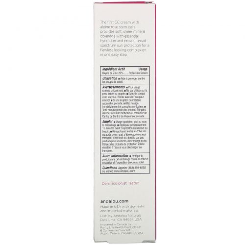 Andalou Naturals, CC 1000 Розы, цвет + коррекция, натуральный, SPF 30, для чувствительной кожи, 2 жидких унции (58 мл)