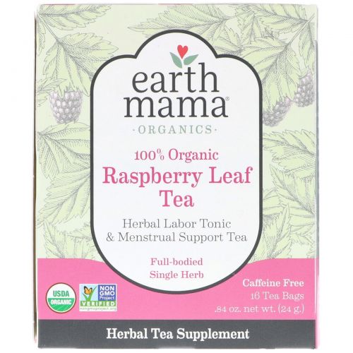 Earth Mama, 100 % Organic Raspberry Leaf Tea, Caffeine Free, 16 Tea Bags, .84 oz (24 g)