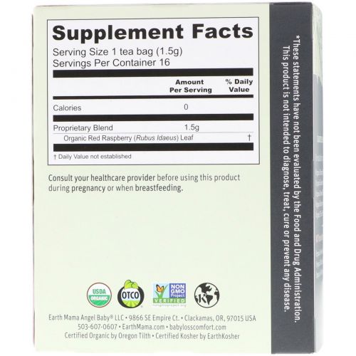 Earth Mama, 100 % Organic Raspberry Leaf Tea, Caffeine Free, 16 Tea Bags, .84 oz (24 g)