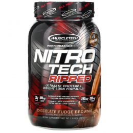 Muscletech, Nitro Tech, Ripped, потрясающая формула потери веса протеин+, брауни шоколадный фадж, 907 г (2,00 фунта)