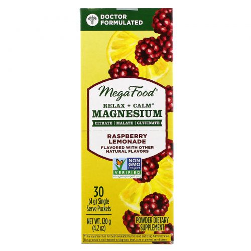 MegaFood, Relax + Calm Magnesium, Raspberry Lemonade, 30 Single Serve Packets, 4.2 oz (120 g)