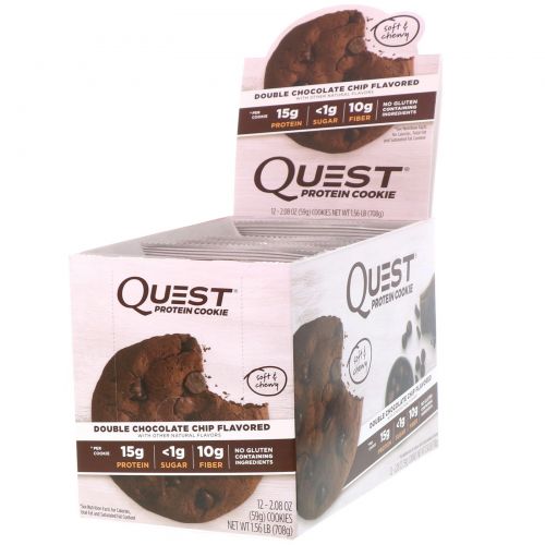 Quest Nutrition, Белковое печенье, двойная шоколадная крошка, 12 штук, по 59 г каждое