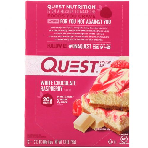 Quest Nutrition, QuestBar, Protein Bar, White Chocolate Raspberry, 12 Bars, 2.1 oz (60 g) Each