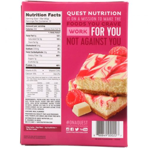 Quest Nutrition, QuestBar, Protein Bar, White Chocolate Raspberry, 12 Bars, 2.1 oz (60 g) Each