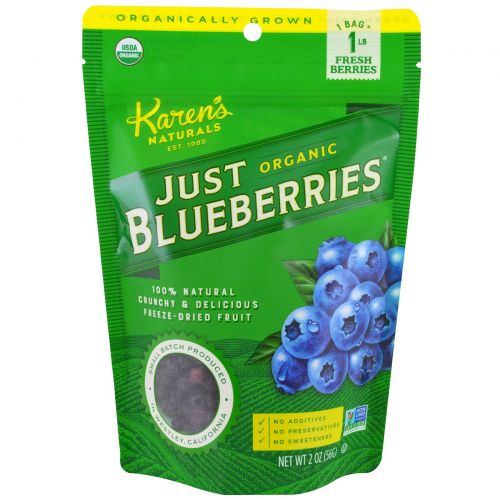 Karen's Naturals, Organic Just Blueberries, высушенные сублимацией фрукты, 2 унции (56 г)