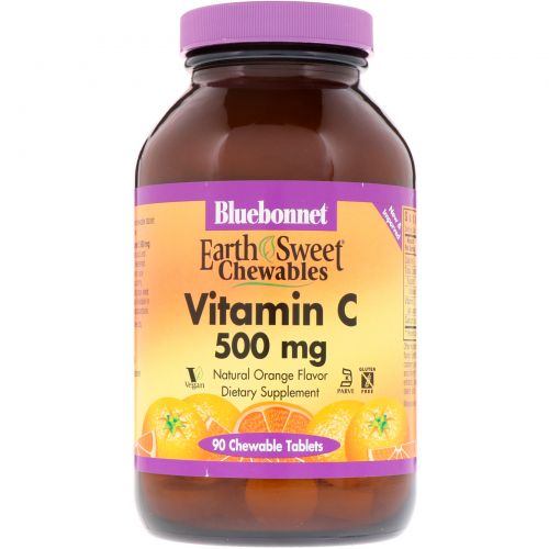 Bluebonnet Nutrition, EarthSweet (Витамин С), жевательные таблетки, натуральный апельсиновый ароматизатор, 500 мг, 90 жевательных таблеток