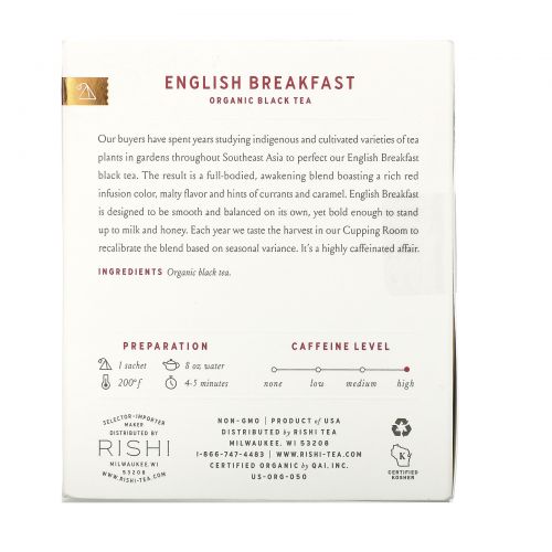 Rishi Tea, Organic Black Tea, English Breakfast, 15 Tea Bags 1.69 oz (48 g)