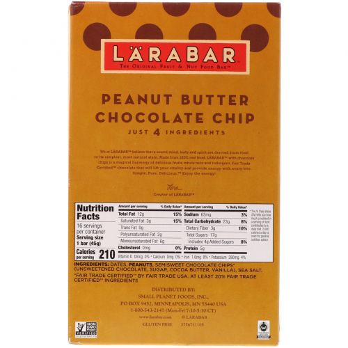 Larabar, Батончики с шоколадной крошкой и арахисовым маслом, 16 батончиков, каждый батончик по 1,6 унций (45 г)