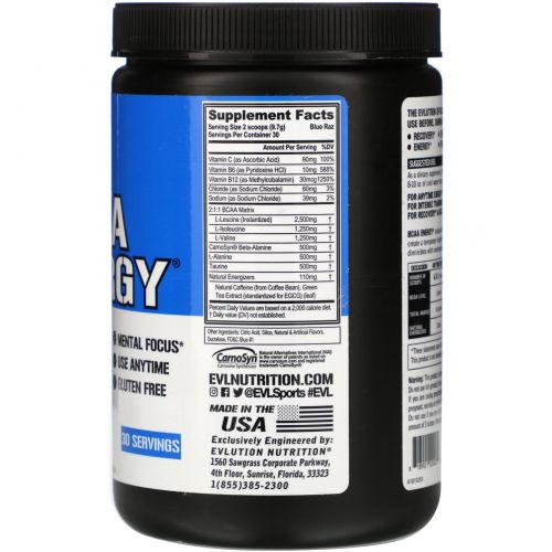 EVLution Nutrition, BCAA Energy,  Blue Raz, 9.5 oz (270 g)