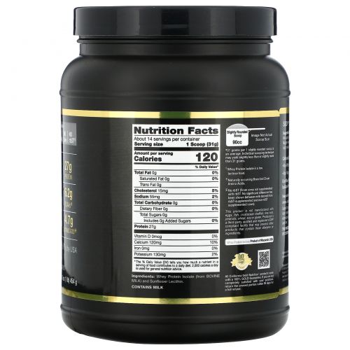 California Gold Nutrition, Sports, WPI 90, Instantized Whey Protein Isolate, Ultra-Low Lactose, 16 унций (454 г)