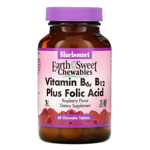 Bluebonnet Nutrition, EarthSweet, Vitamin B-6, B-12 Plus Folic Acid, Raspberry, 60 Chewable Tablets