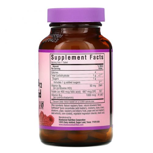 Bluebonnet Nutrition, EarthSweet, Vitamin B-6, B-12 Plus Folic Acid, Raspberry, 60 Chewable Tablets