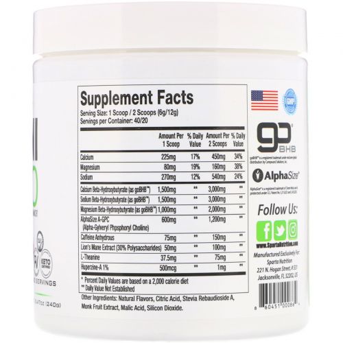 Sparta Nutrition, Keto Series, Cogni Keto, Peach Mango, 8.47 oz (240 g)