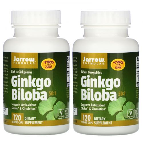 Jarrow Formulas, Ginkgo Biloba, 50:1, 60 мг, 2 бутылки, 120 вегетарианских капсул в каждой