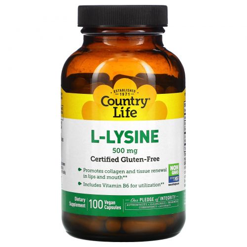 Country Life, L-лизин, 500 мг, 100 растительных капсул