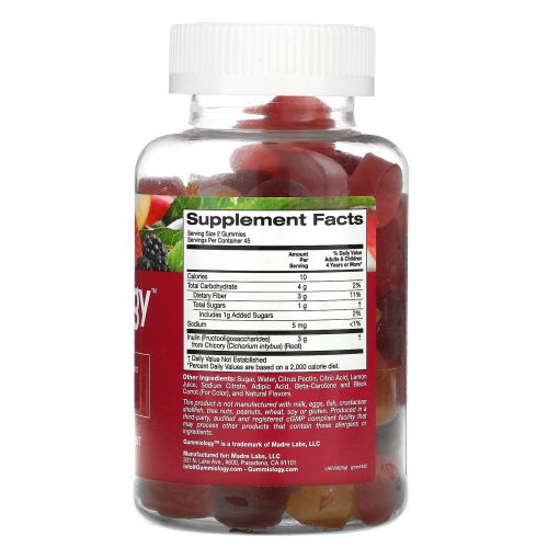 Gummiology, Adult Fiber Gummies, Natural Peach, Strawberry, & Blackberry Flavors, 90 Vegetarian Gummies