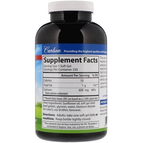 Carlson Labs, Liquid Filled Cal-600, 600 mg, 250 Soft Gels