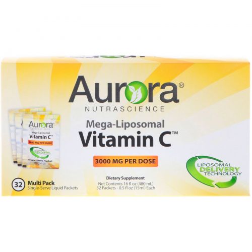 Aurora Nutrascience, Mega-Liposomal Vitamin C, 3000 мг, 32 порционных пакетика с жидкостью, 0,5 ж. унц. (15 мл) каждый