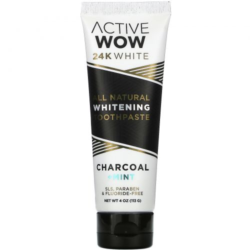 Active Wow, 24K White, All Natural Whitening Toothpaste, Charcoal + Mint, 4 oz (113 g)