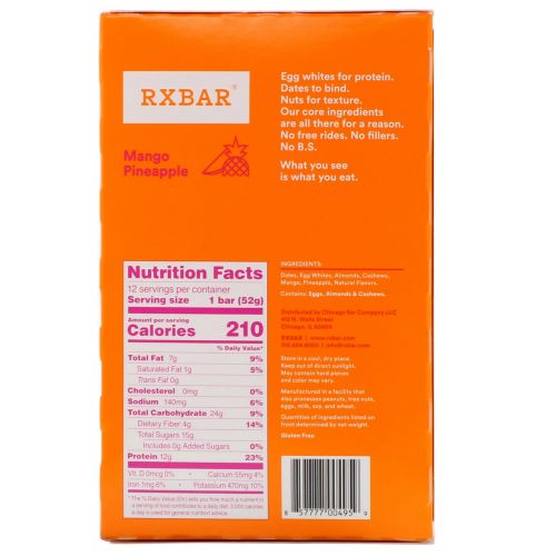 RXBAR, Protein Bar, Mango Pineapple, 12 Bars, 1.83 oz (52 g) Each