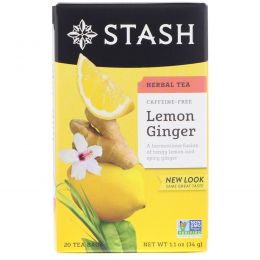 Stash Tea, Травяной чай высшего сорта, лимон и имбирь, без кофеина, 20 чайных пакетиков, 1,1 унции (34 г)