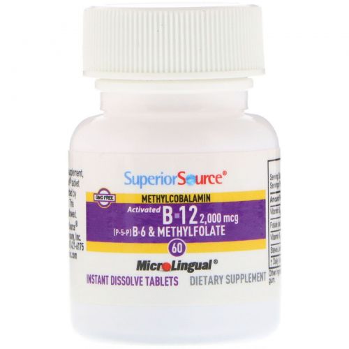 Superior Source, Acitivated B-12 Methylcobalamin 2,000 mcg,  B-6 (P-5-P) & Methylfolate 1,200 mcg, 60 Instant Dissolve Tablets