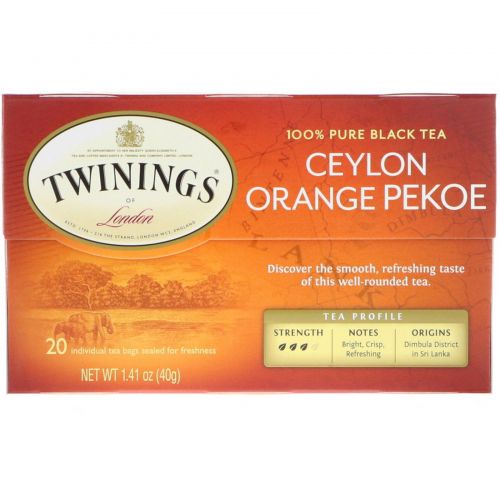 Twinings, Цейлонский чай Орандж Пеко 20 чайных пакетиков, 1.41 унции (40 г)