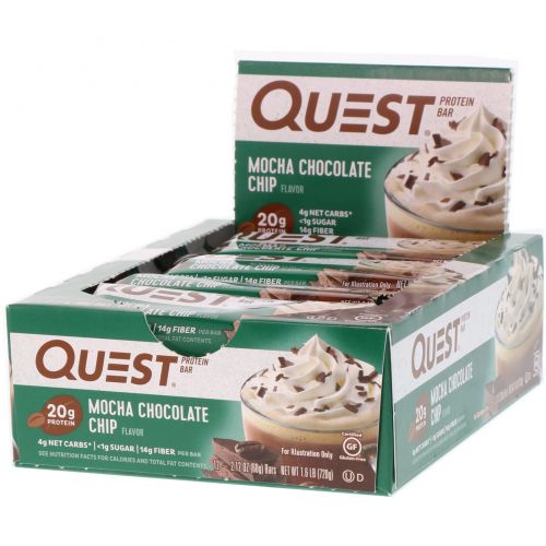 Quest Nutrition, QuestBar, протеиновый батончик, с шоколадной стружкой мокка, 12 батончиков, 2,12 унции (60 г) каждый